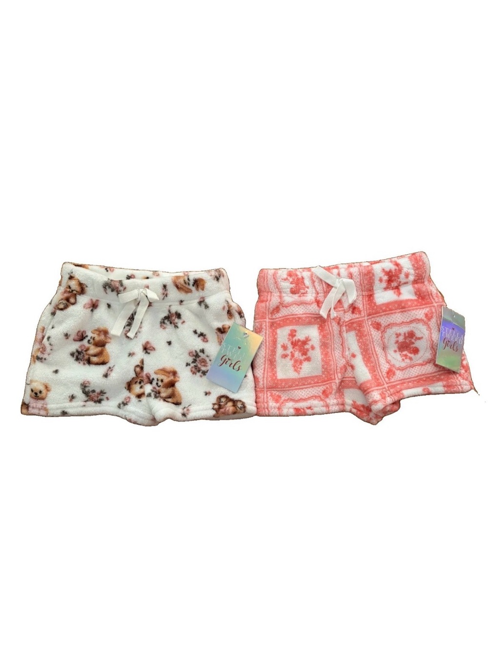 Stella Tweed Girls Plush Shorts - White Teddy Print & Coral Floral